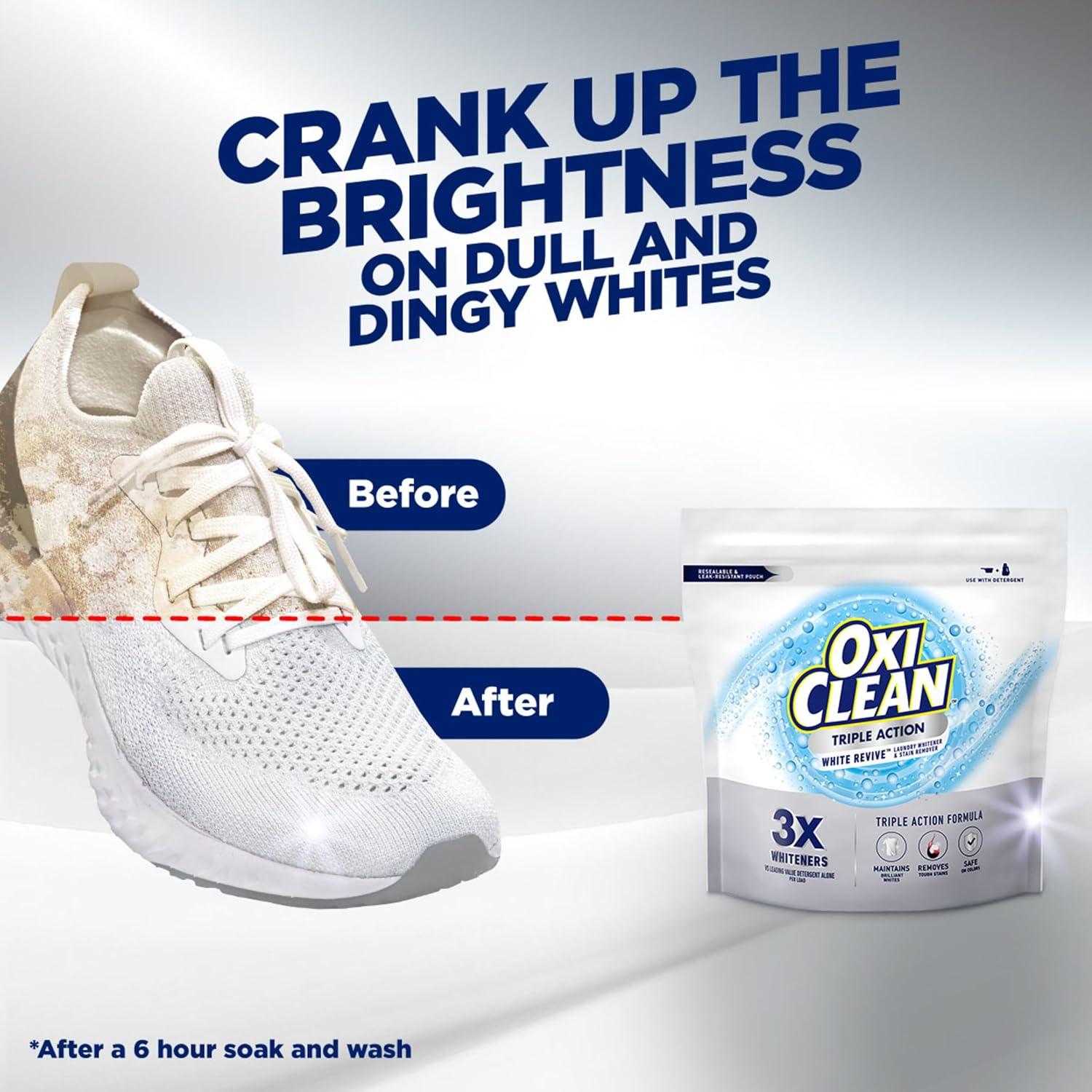 image:imageOxiClean Triple Action White Revive Laundry Whitener and Stain Remover Powder Use with Detergent Whitens and Brightens Clothes Removes Tough Stains Color Safe Chlorine Free 65 lbs104 Ounce Pack of 1