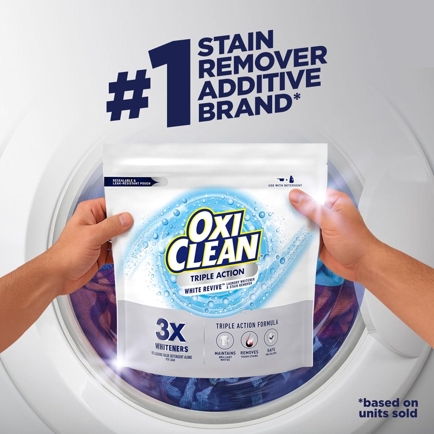 image:imageOxiClean Triple Action White Revive Laundry Whitener and Stain Remover Powder Use with Detergent Whitens and Brightens Clothes Removes Tough Stains Color Safe Chlorine Free 65 lbs104 Ounce Pack of 1