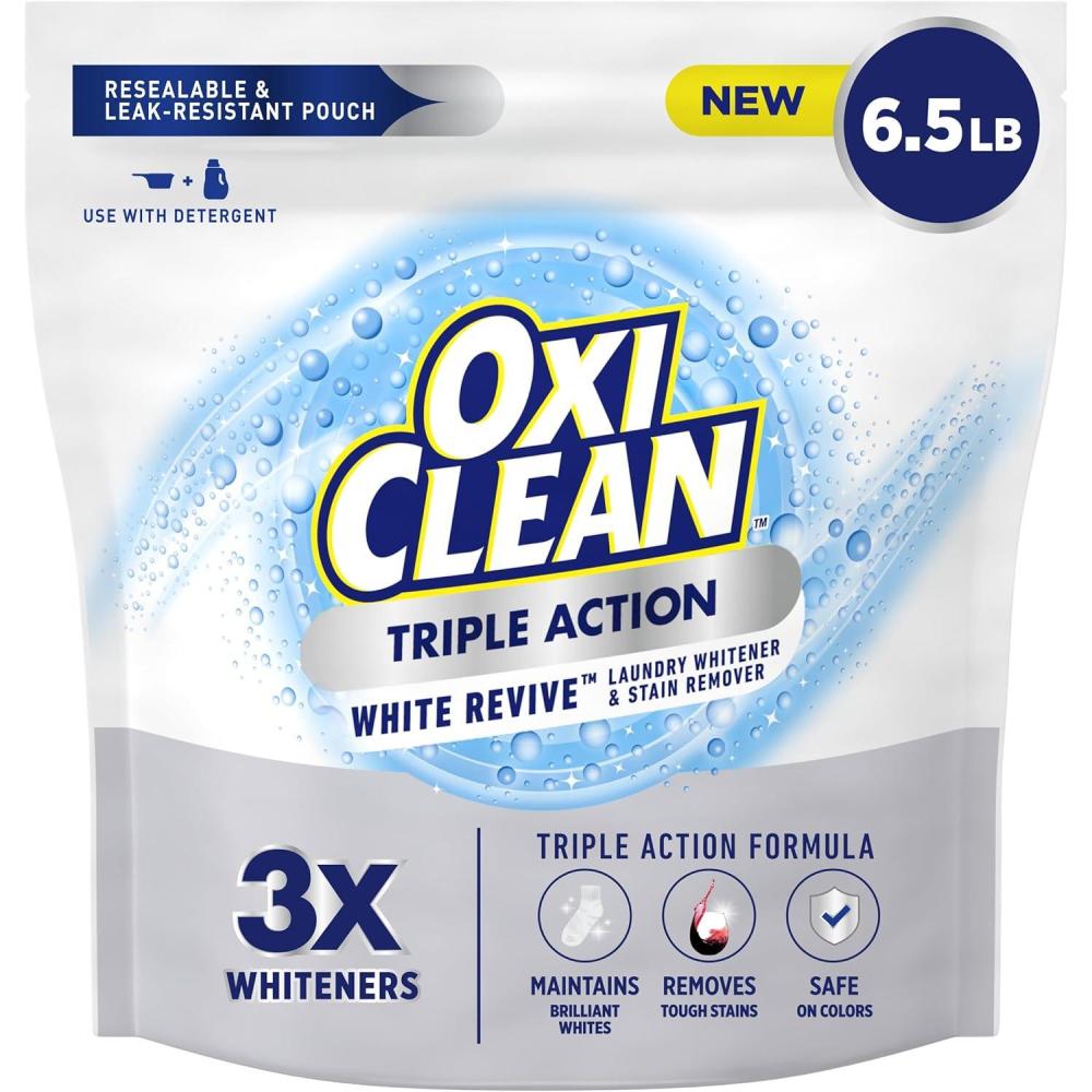 image:imageOxiClean Triple Action White Revive Laundry Whitener and Stain Remover Powder Use with Detergent Whitens and Brightens Clothes Removes Tough Stains Color Safe Chlorine Free 65 lbs104 Ounce Pack of 1
