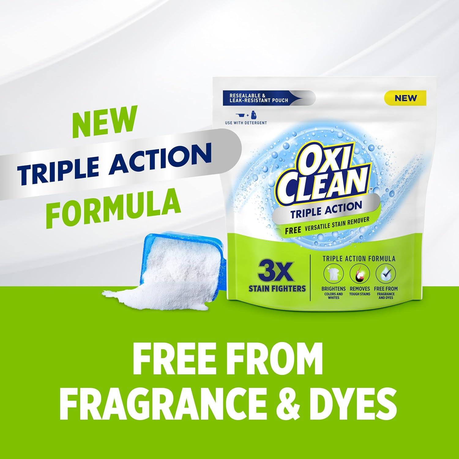 image:imageOxiClean Triple Action Free Versatile Stain Remover Powder Use with Detergent No Fragrance No Dyes No Chlorine Removes Stains Brightens Colors and Whites 4 lbs